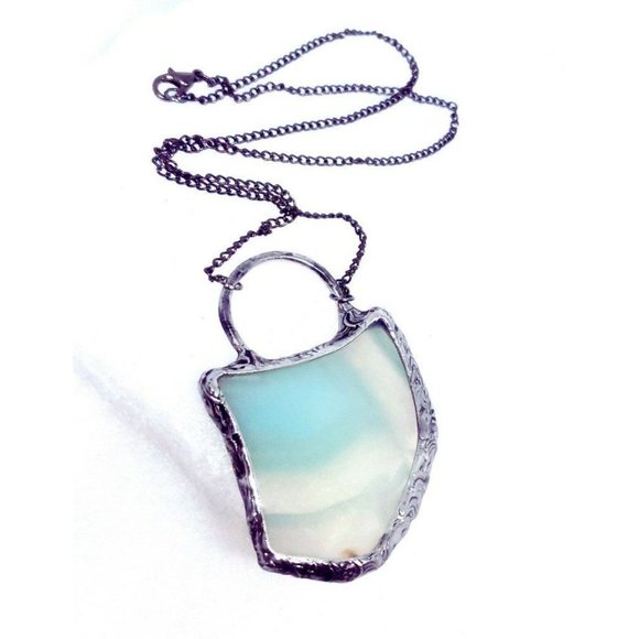 Blue agate crystal necklace handmade gothic metalwork fantasy jewelry beach gems - Picture 3 of 12